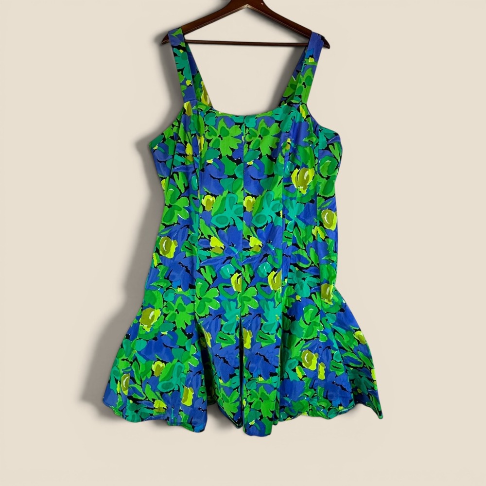 Bright Floral Romper Skort Dress 24W Blue Green Cotton Blend Drop Waist Pleated